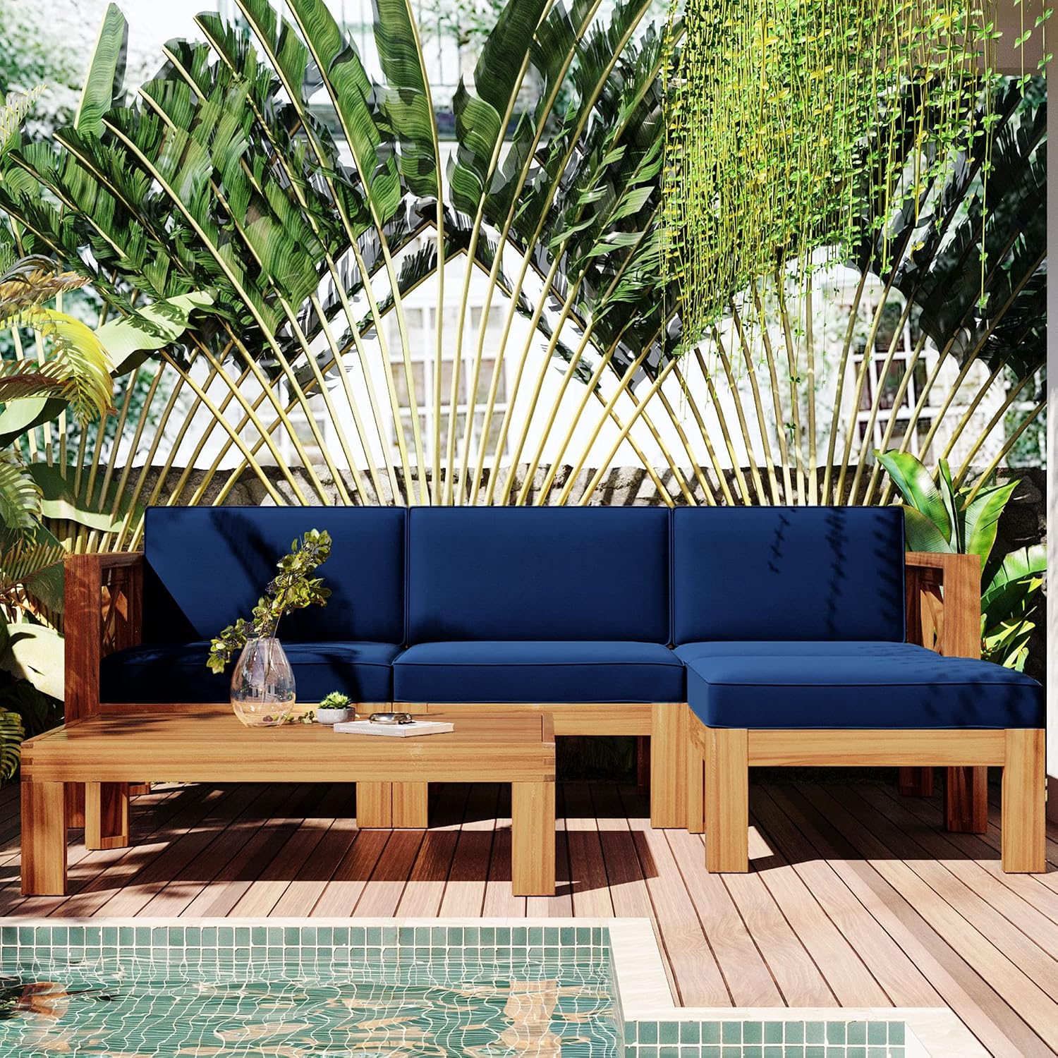 5-Piece Sectional Sofa Seating Group Set With Cushions,Outdoor Backyard Patio Wood Sectional Seating Group With Tea Table And Ottoman For Backyard,Garden,Poolside (Natural Finish+ Blue Cushions-01)