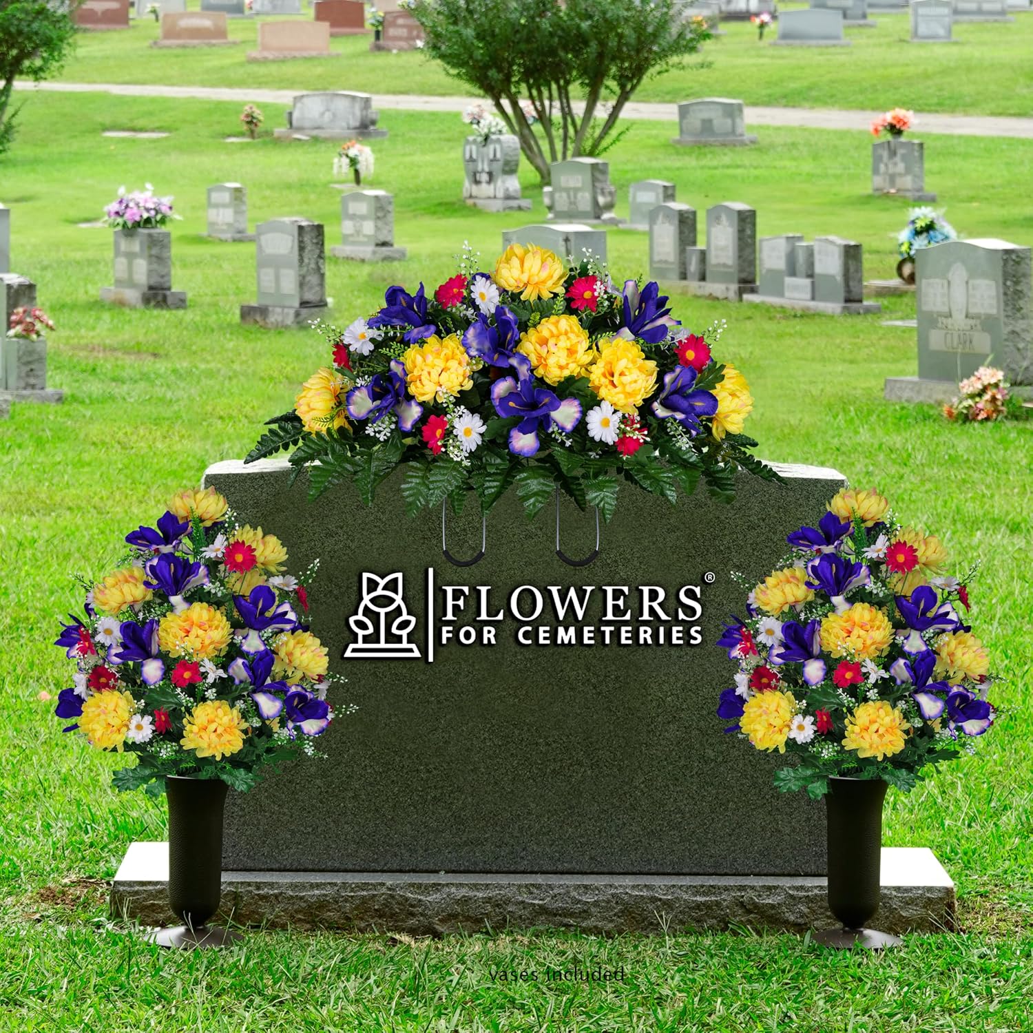 Sympathy Silks Artificial Cemetery Flowers - Grave Flower Holder - Purple Iris, Yellow Mum, Pink Daisy - (1) Headstone Flower Saddle (2) Matching Bouquets & (2) Cemetery vases Included