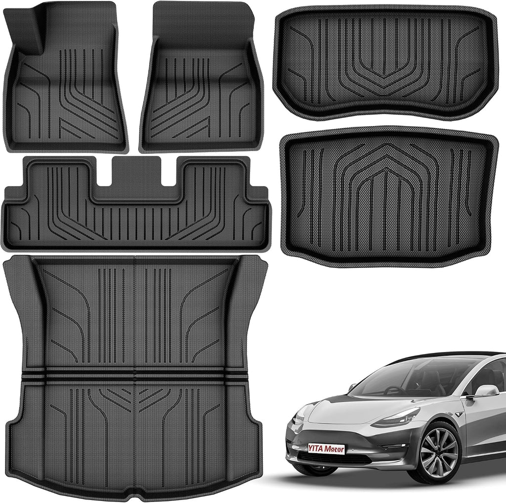 YITAMOTOR Tesla Model 3 Floor Mats Full Set Custom Fit 2020-2023 All-Weather Cargo Liners Rear Cargo Tray Trunk Floor Mat Interior Accessories, Black