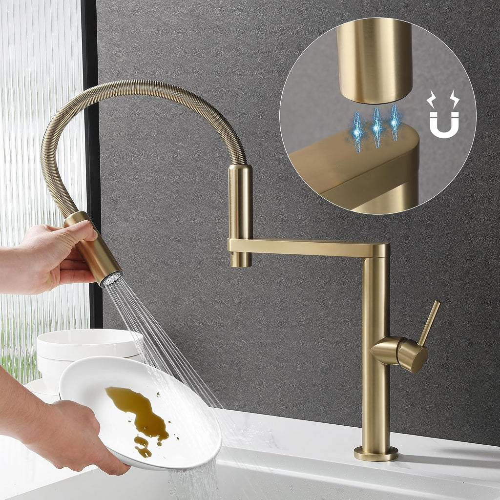 Magnetic Docking Kitchen Faucet with Pull Down Sprayer, Dual-Function Spray and 360 Degree Swivel, Commercial Spring Kitchen Faucet, Gold Brushed