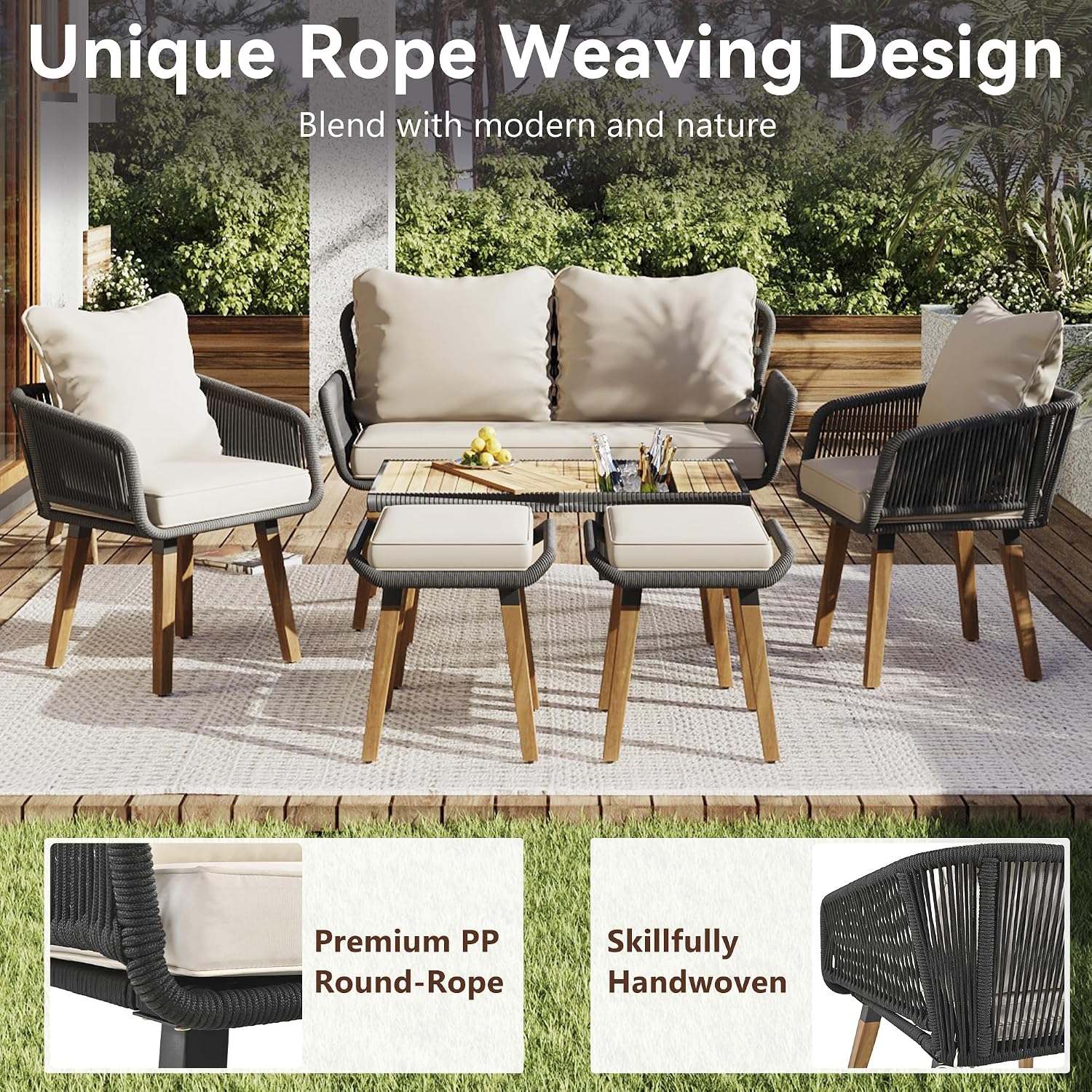 6-Piece Rope Patio Furniture Set, Outdoor Furniture With Acacia Wood Cool Bar Table With Ice Bucket , Deep Seat Patio Conversation Set With Two Stools For Backyard Porch Balcony (Black & Beige-001)