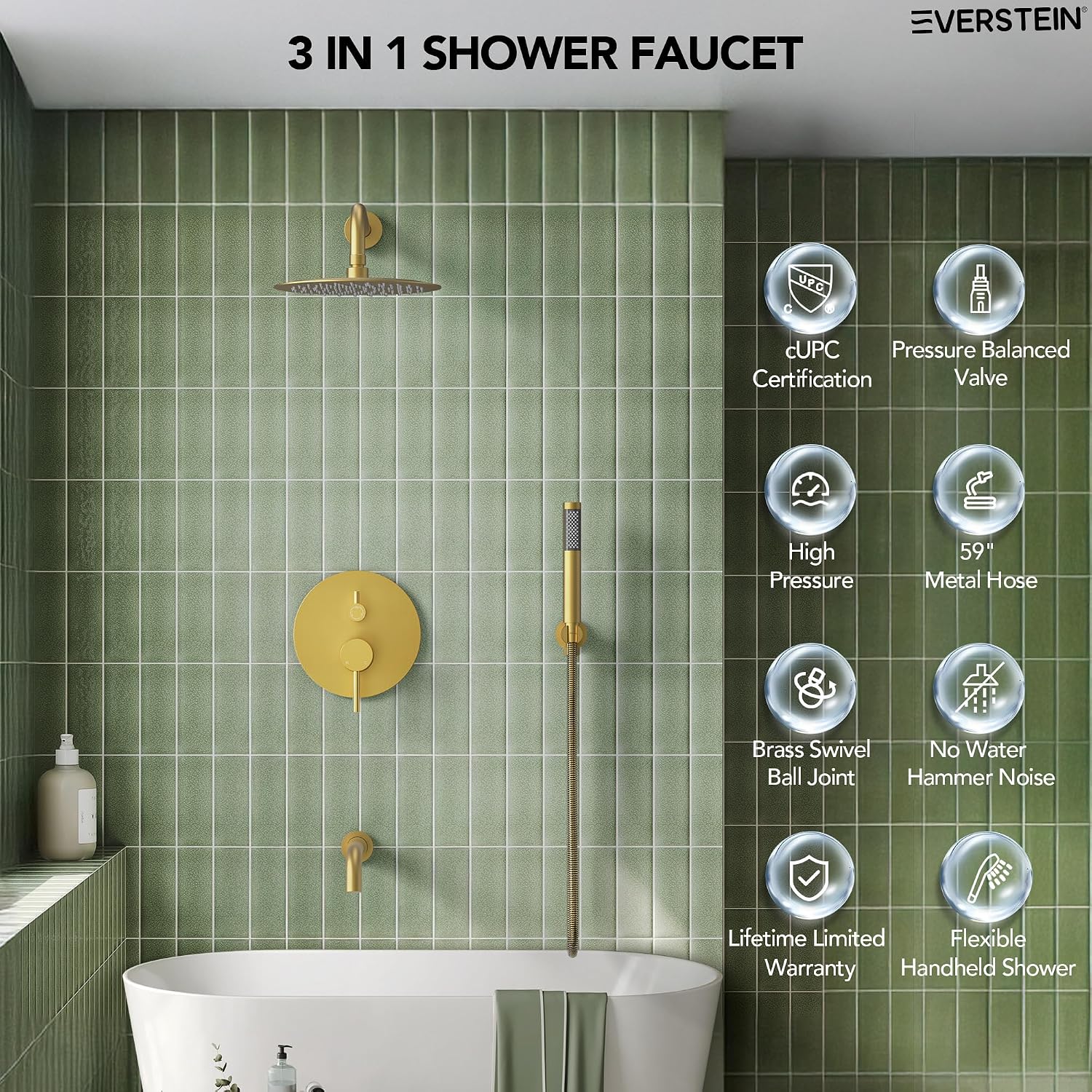 10' High-Pressure Rainfall Shower System with Handheld Spray, Wall Mount Bathroom Shower Faucet Set with Tub Spout, Brushed Gold (Valve Included)