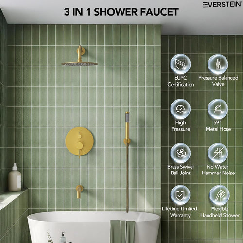 10' High-Pressure Rainfall Shower System with Handheld Spray, Wall Mount Bathroom Shower Faucet Set with Tub Spout, Brushed Gold (Valve Included)