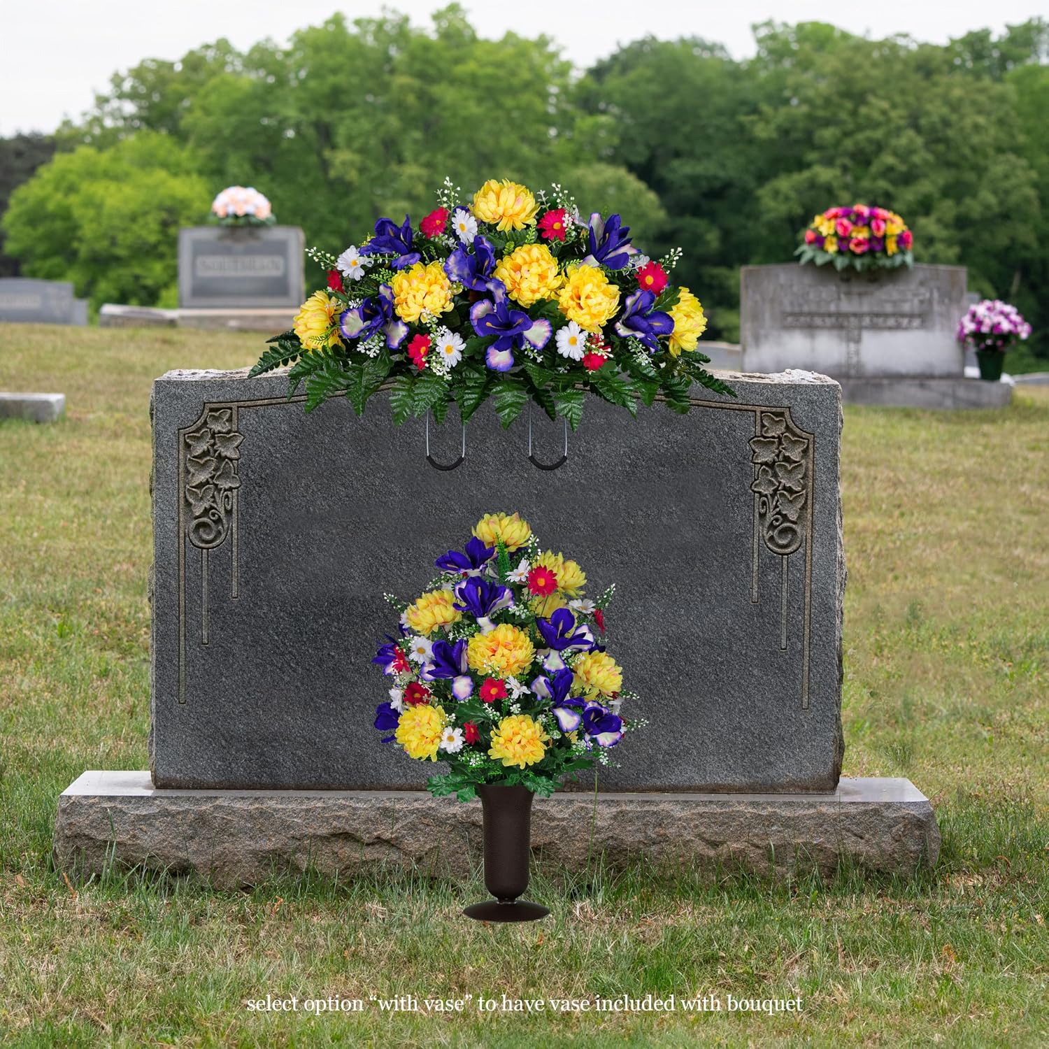 Sympathy Silks Artificial Cemetery Flowers -Grave vase - Purple Iris, Yellow Mum, Pink Daisy - (1) Headstone Flower Saddle & (1) Matching Bouquet with vase Included