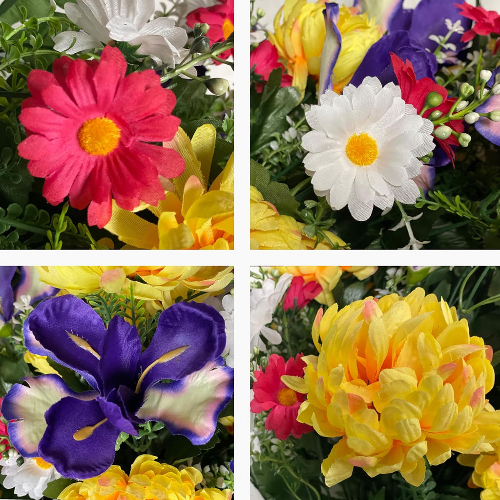 Sympathy Silks Artificial Cemetery Flowers - Grave Flower Holder - Purple Iris, Yellow Mum, Pink Daisy - (1) Headstone Flower Saddle & (2) Matching Bouquets