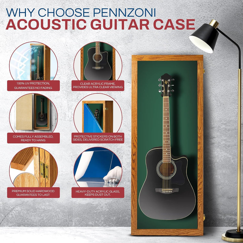 PENNZONI Acoustic Guitar Display Case - Acrylic Acoustic Guitar Case - Guitar Display Case Wall Mount, Guitar Wall Case Made from Hardwood Frame & Clear Acrylic | Natrual Oak