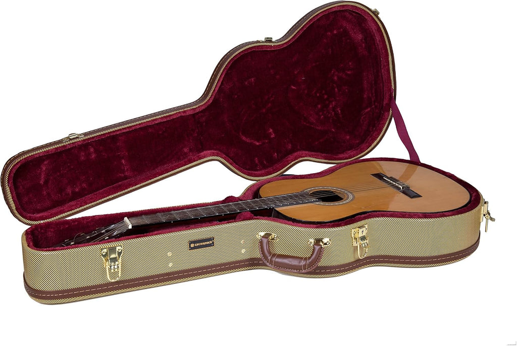 Crossrock Wooden Classical Guitar Case for 4/4 Full Size | Arched Top Design, Plush Interior, Metal Latches, Storage Compartment – Durable Hard Shell-Vintage Tweed(CRW600CTW)
