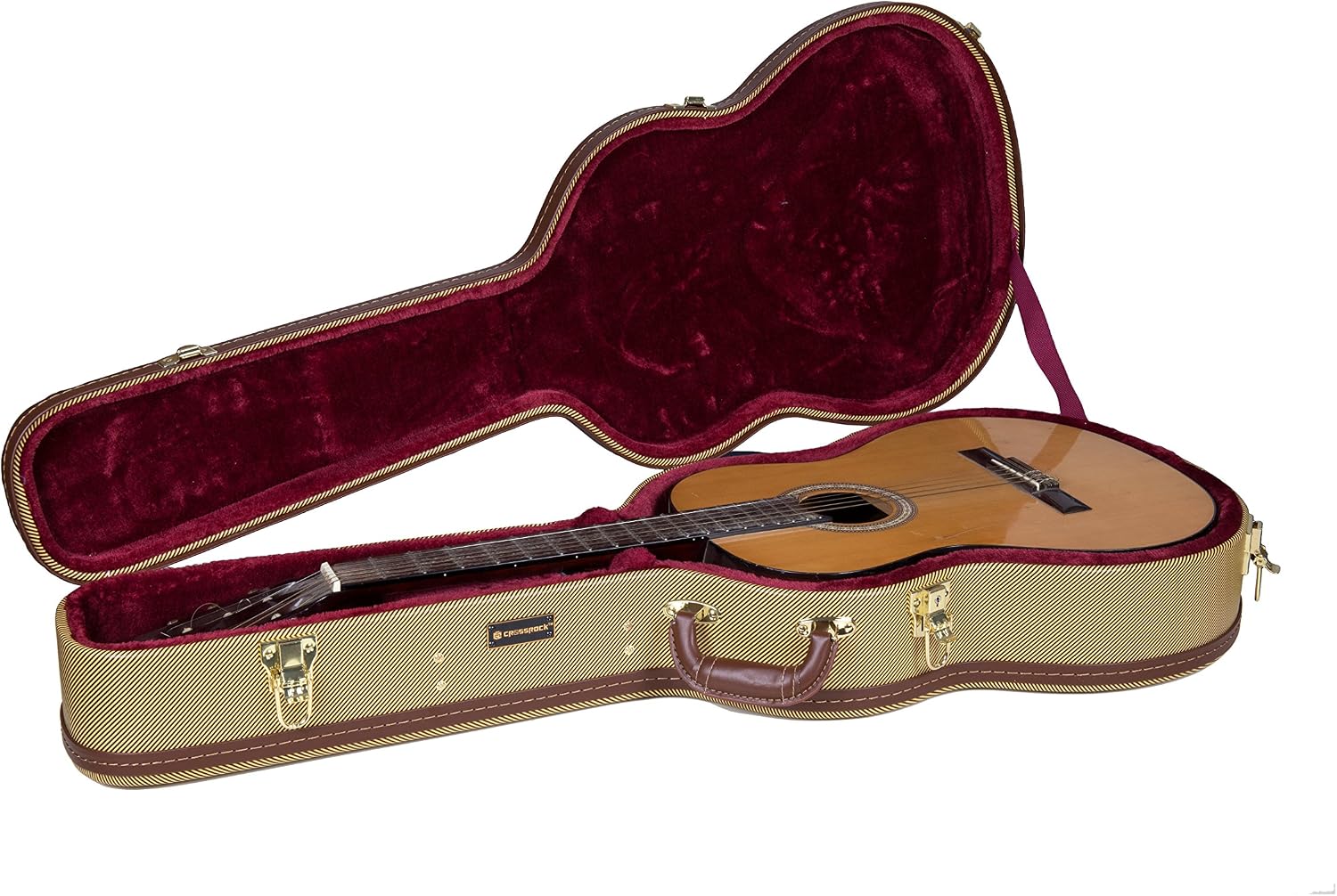 Crossrock Wooden Classical Guitar Case for 4/4 Full Size | Arched Top Design, Plush Interior, Metal Latches, Storage Compartment – Durable Hard Shell-Vintage Tweed(CRW600CTW)
