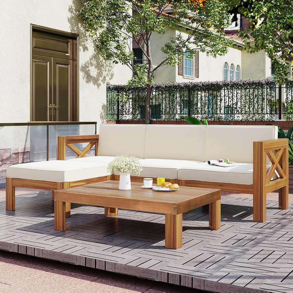 5-Piece Sectional Sofa Seating Group Set With Cushions,Outdoor Backyard Patio Wood Sectional Seating Group With Tea Table And Ottoman For Backyard,Garden,Poolside (Natural Finish+ Beige Cushions-01)