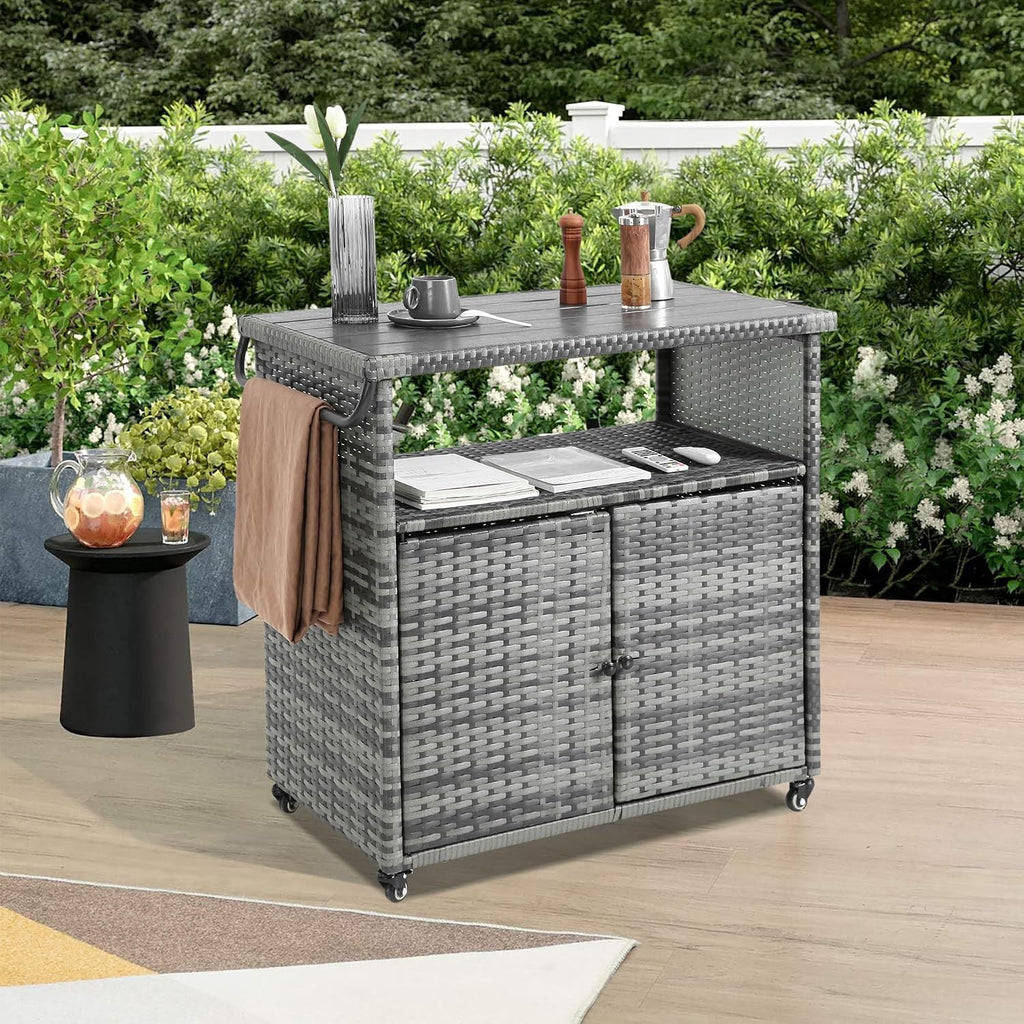 Outdoor Wicker Bar Cart with Wheels, Outdoor Rolling Kitchen Island Grill Cart with Storage Cabinet, Outside Portable Bar Table for Events, Patio, Porch, Backyard, Garden, Poolside, Aqua Grey