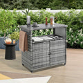 Outdoor Wicker Bar Cart with Wheels, Outdoor Rolling Kitchen Island Grill Cart with Storage Cabinet, Outside Portable Bar Table for Events, Patio, Porch, Backyard, Garden, Poolside, Aqua Grey