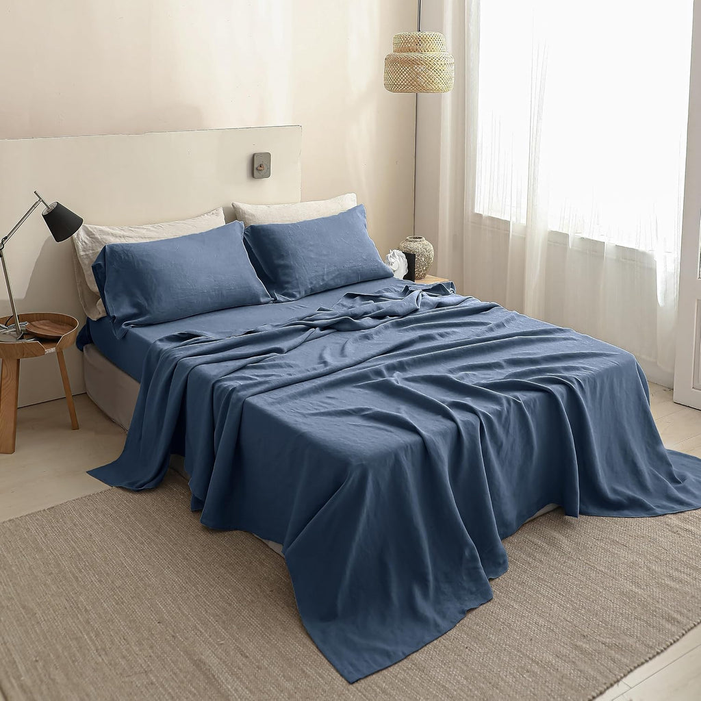 Simple&Opulence 100% Linen Sheets California King Size Set, 4 Pcs Natural French Linen Bed Sheets, Breathable Soft Durable Bedding Set for All Season (Classic Blue, California King)