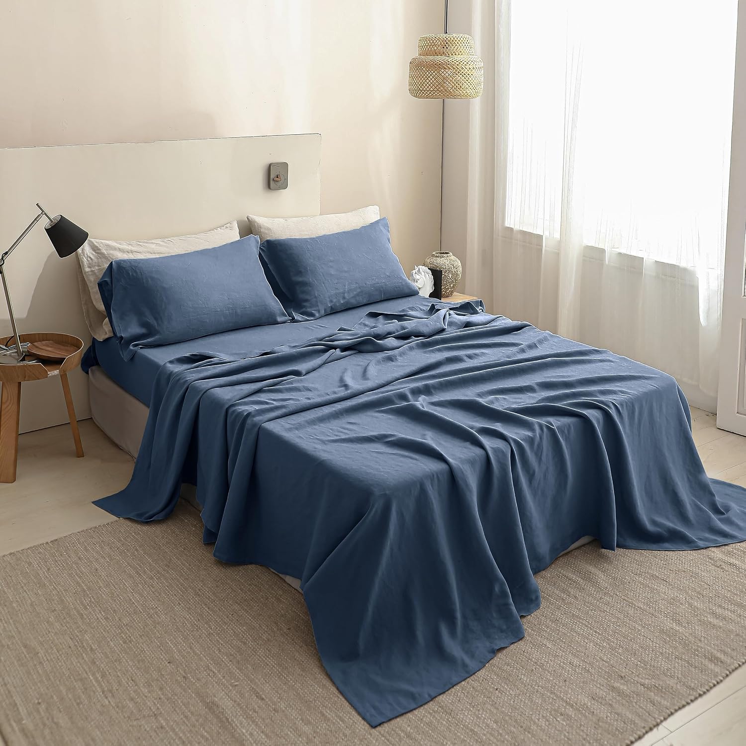 Simple&Opulence 100% Linen Sheets California King Size Set, 4 Pcs Natural French Linen Bed Sheets, Breathable Soft Durable Bedding Set for All Season (Classic Blue, California King)