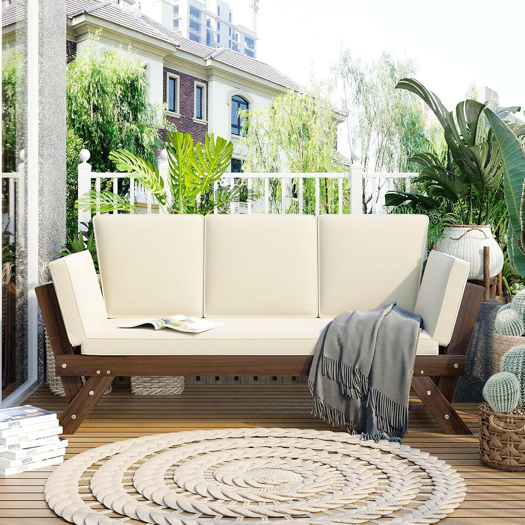 Outdoor Adjustable Patio Wooden Daybed Sofa Chaise Lounge with Cushions for Small Places Porch Lawn Garden Backyard Poolside (Brown Finish+Beige Cushion-02)