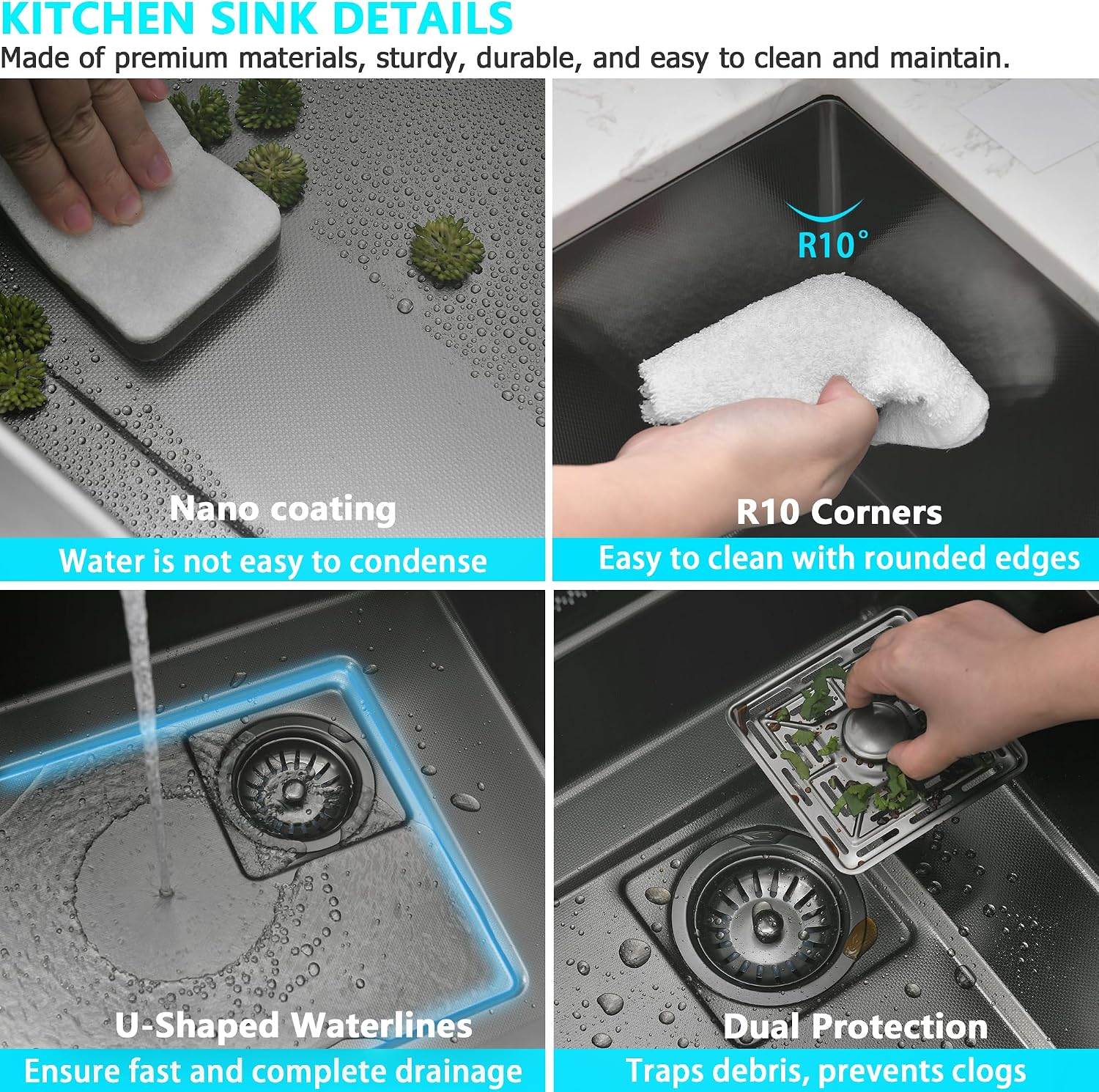 26' x 19.7' Black-Gray Waterfall Kitchen Sink, Drop In Stainless Steel Modern Single Bowl Sink with Pull-Out Spray Faucet, Cup Washer & Accessories