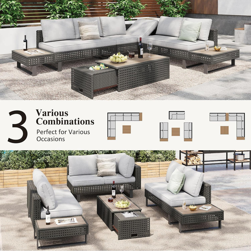 Boho Patio Furniture Set with Small Outdoor Table, Patio Bar Set w/ Sillas para Balcon, Sillas para Patio Exterior, Adjustable Backrest, Ice Bucket Table, All-Weather Wicker (Grey+Brown+Yellow)