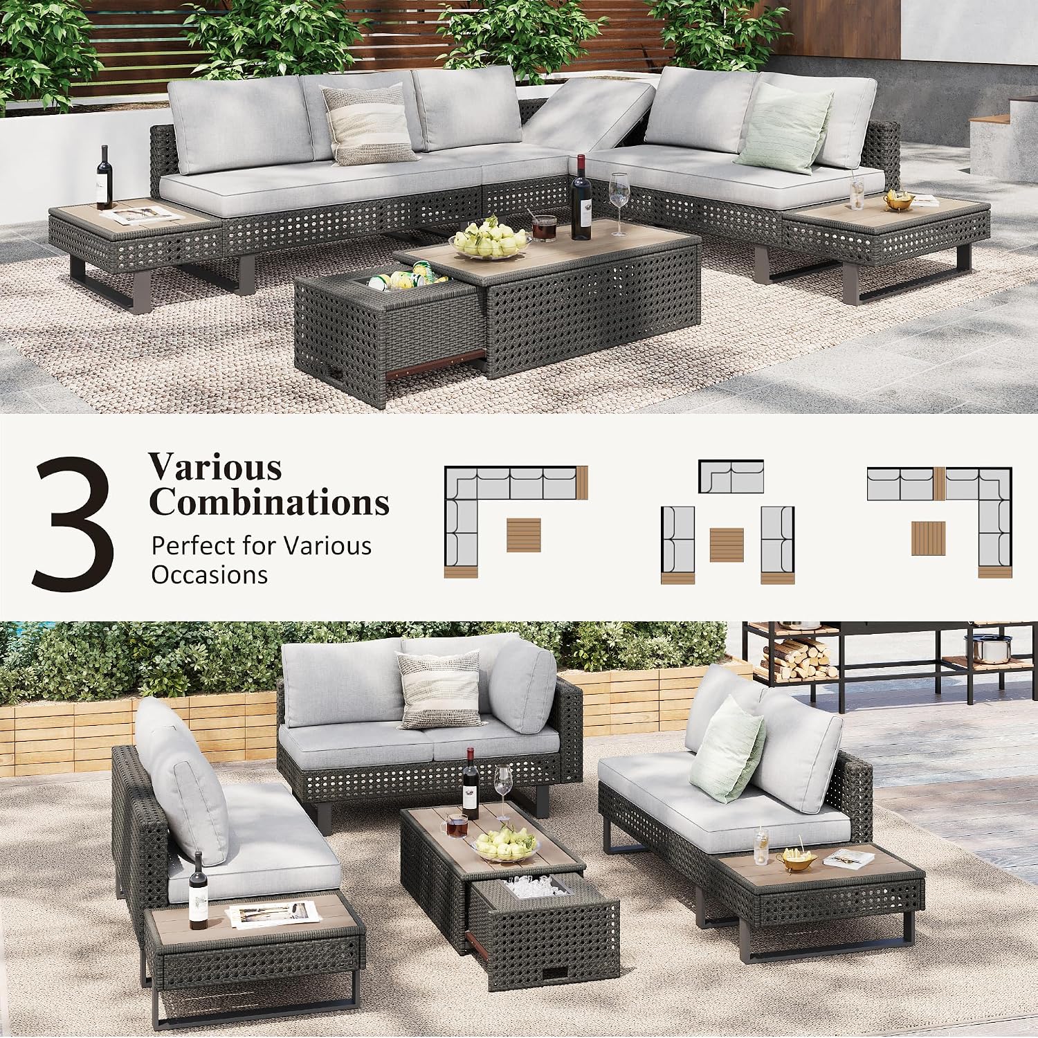 Boho Patio Furniture Set with Small Outdoor Table, Patio Bar Set w/ Sillas para Balcon, Sillas para Patio Exterior, Adjustable Backrest, Ice Bucket Table, All-Weather Wicker (Grey+Brown+Yellow)