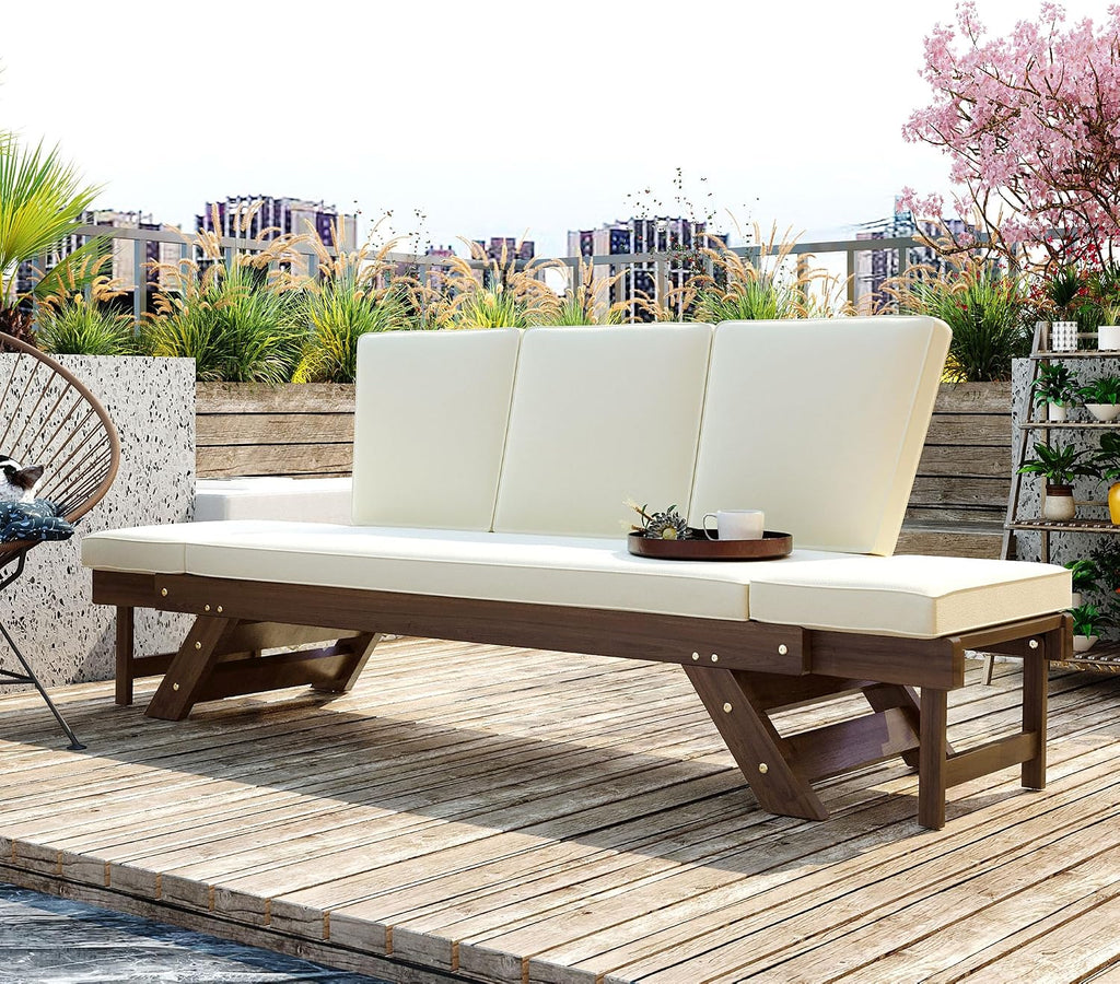 Outdoor Adjustable Patio Wooden Daybed Sofa Chaise Lounge with Cushions for Small Places Porch Lawn Garden Backyard Poolside (Brown Finish+Beige Cushion-02)