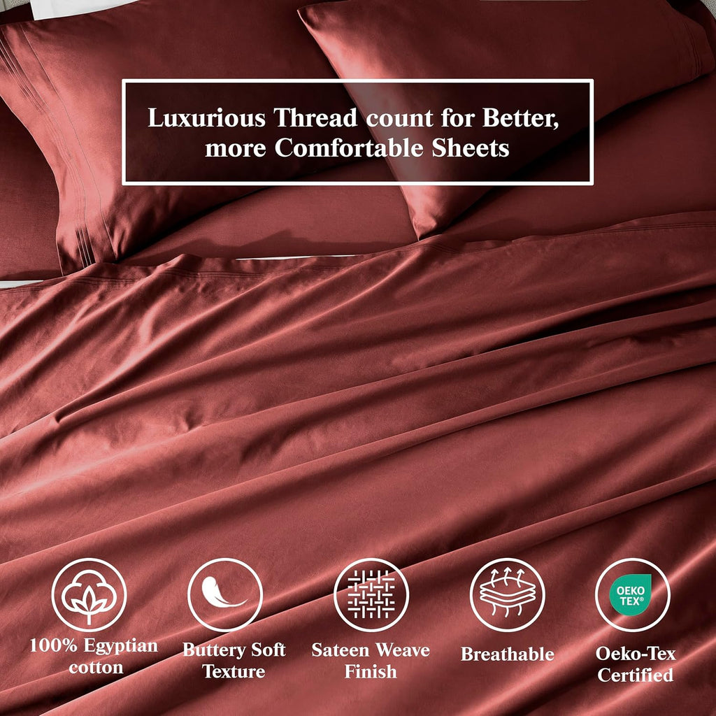 Superior Egyptian Cotton 4 Piece Sheet Set, 650 Thread Count, Eco-Friendly, Sustainable Sheets, Ultra-Soft Basics, Solid, Deep Pocket Fitted Sheet, Flat Sheet, Pillowcases, California King, Burgundy