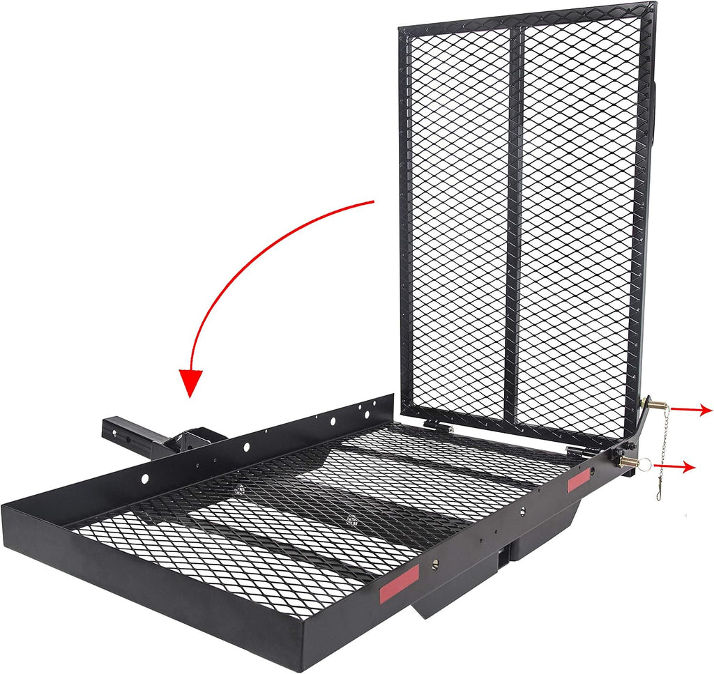 ECOTRIC 46.2 X 26.8 X 38.7 Inch Hitch Cargo Carrier W/Ramp Foldable 500 Lbs Trailer Hitch Mount Steel Wheelchair Carrier Mobility Scooter Ramp 2' Hitch Receiver for Snow Blower SUV Truck Van Car