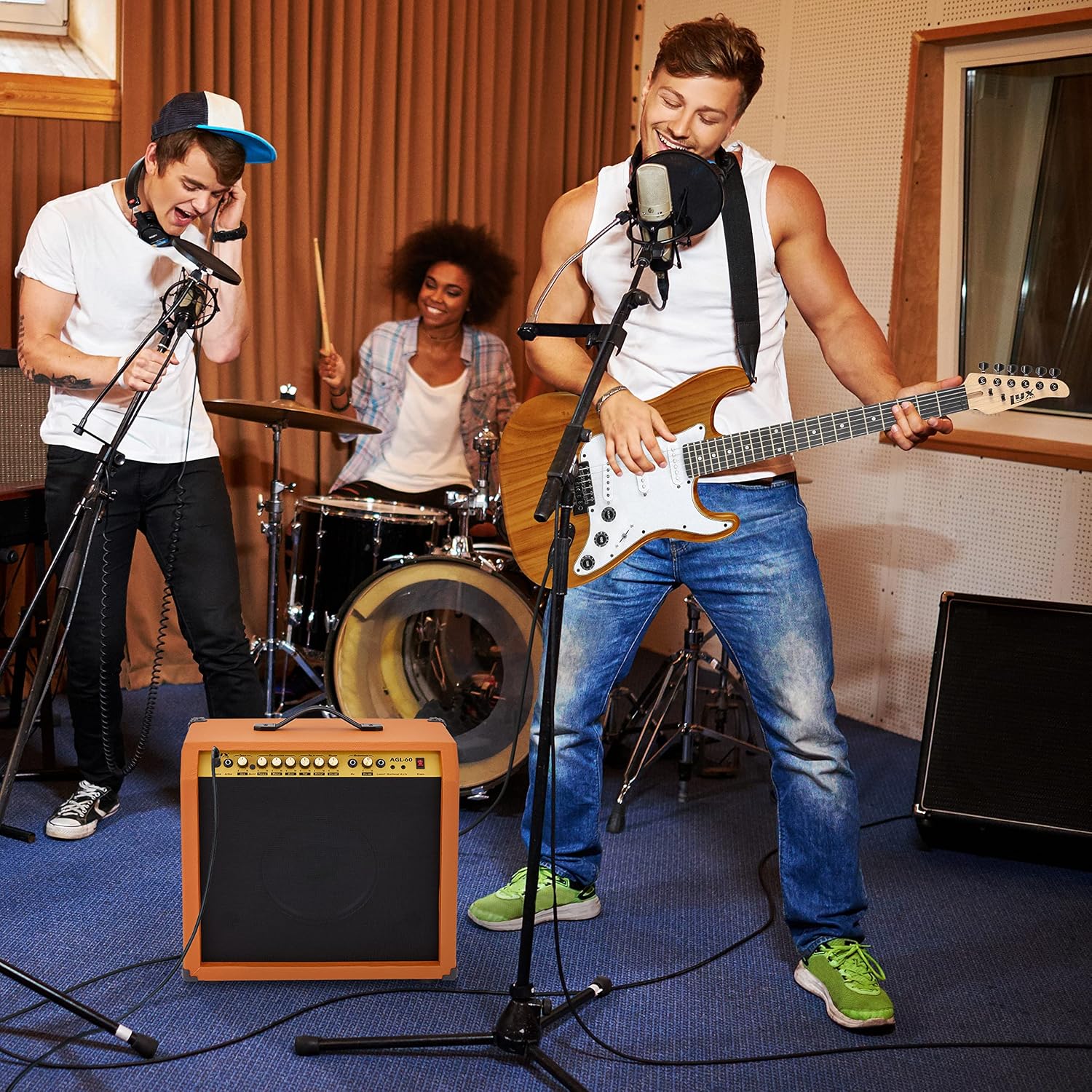 LyxPro 60 Watt Electric Guitar Amplifier, Combo Solid State Studio & Stage Amp with 10' 4-Ohm Speaker, Custom EQ Controls, Drive, Delay, ¼' Passive/Active/Mic Inputs, Aux In & Headphone Jack-Mahogany