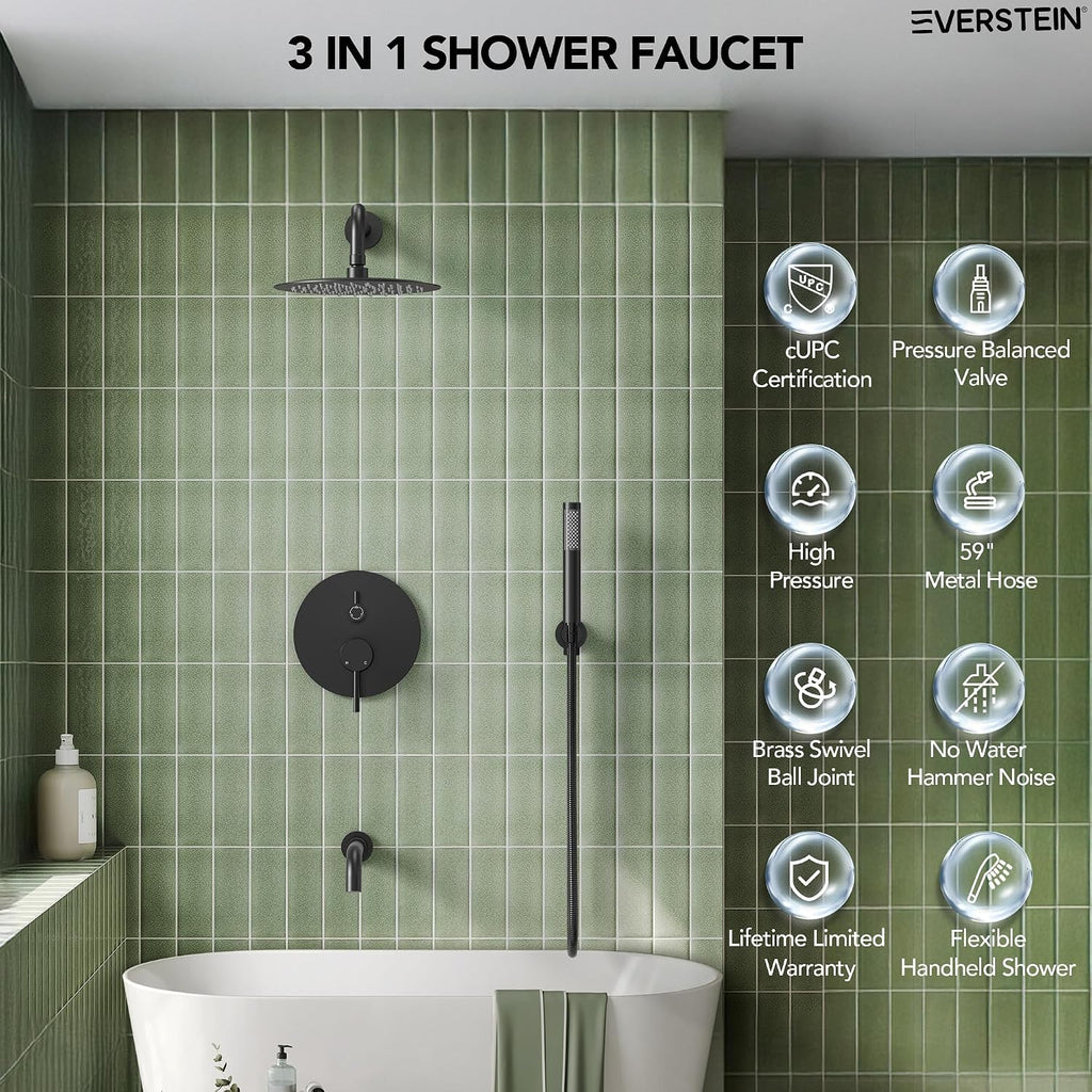 10' High-Pressure Rainfall Shower System with Handheld Spray, Wall Mount Bathroom Shower Faucet Set with Tub Spout (Matte Black)