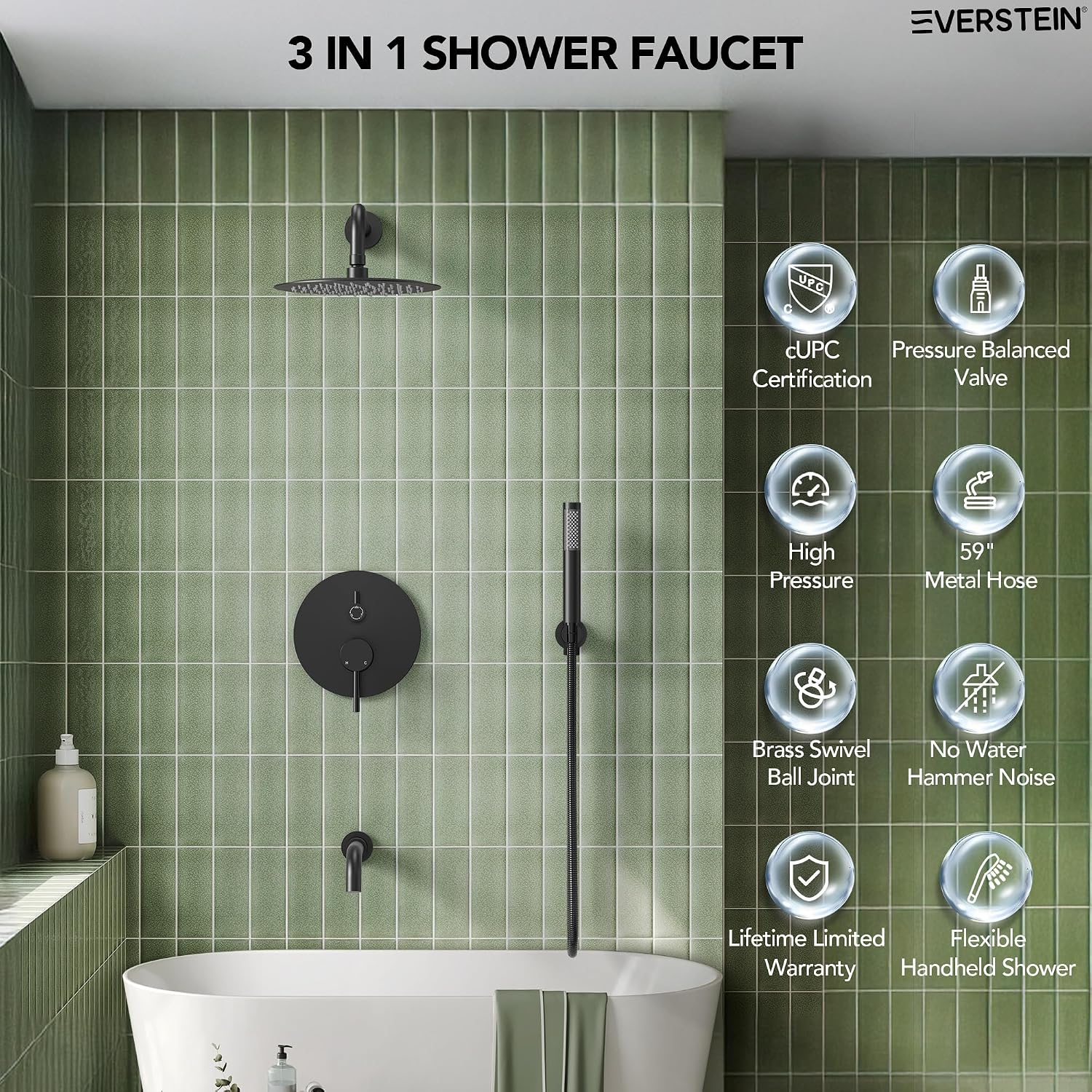 10' High-Pressure Rainfall Shower System with Handheld Spray, Wall Mount Bathroom Shower Faucet Set with Tub Spout (Matte Black)